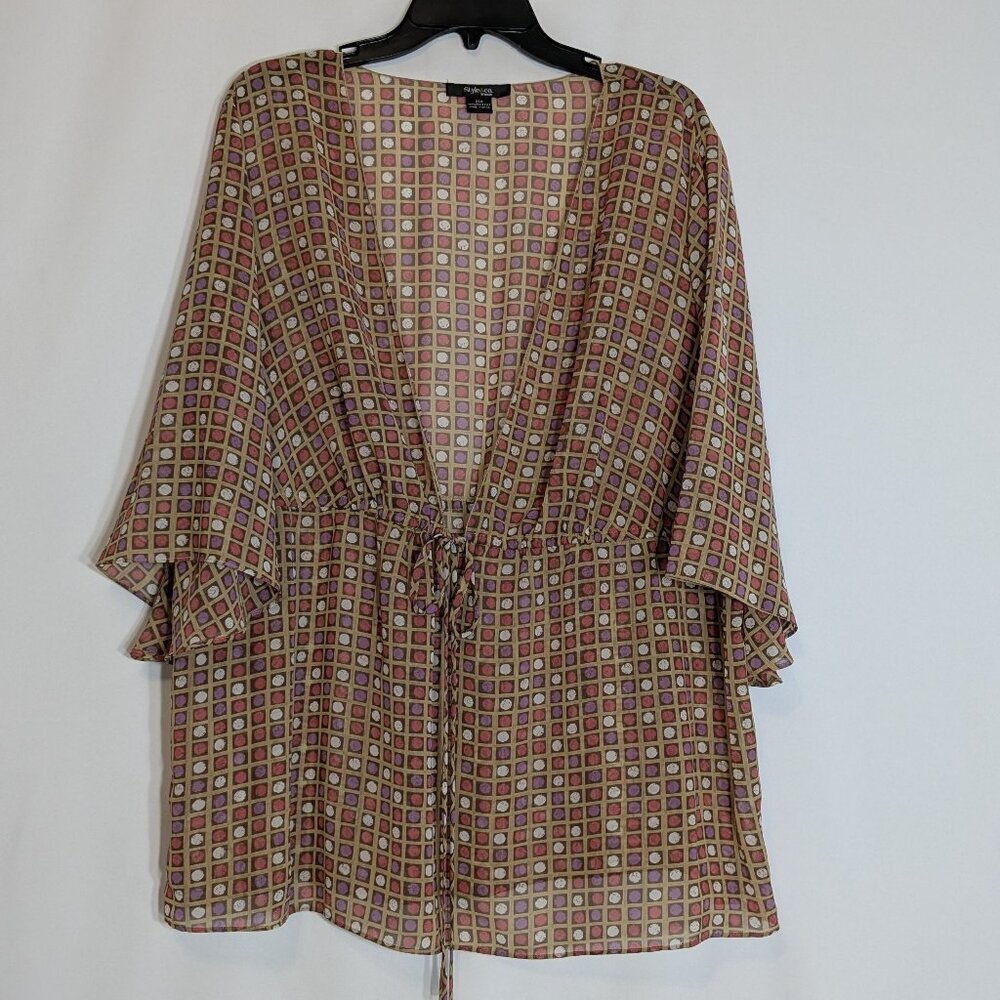 Style & Co. Multicolor Geometric Kimono Blouse - Tan, Pink, Green